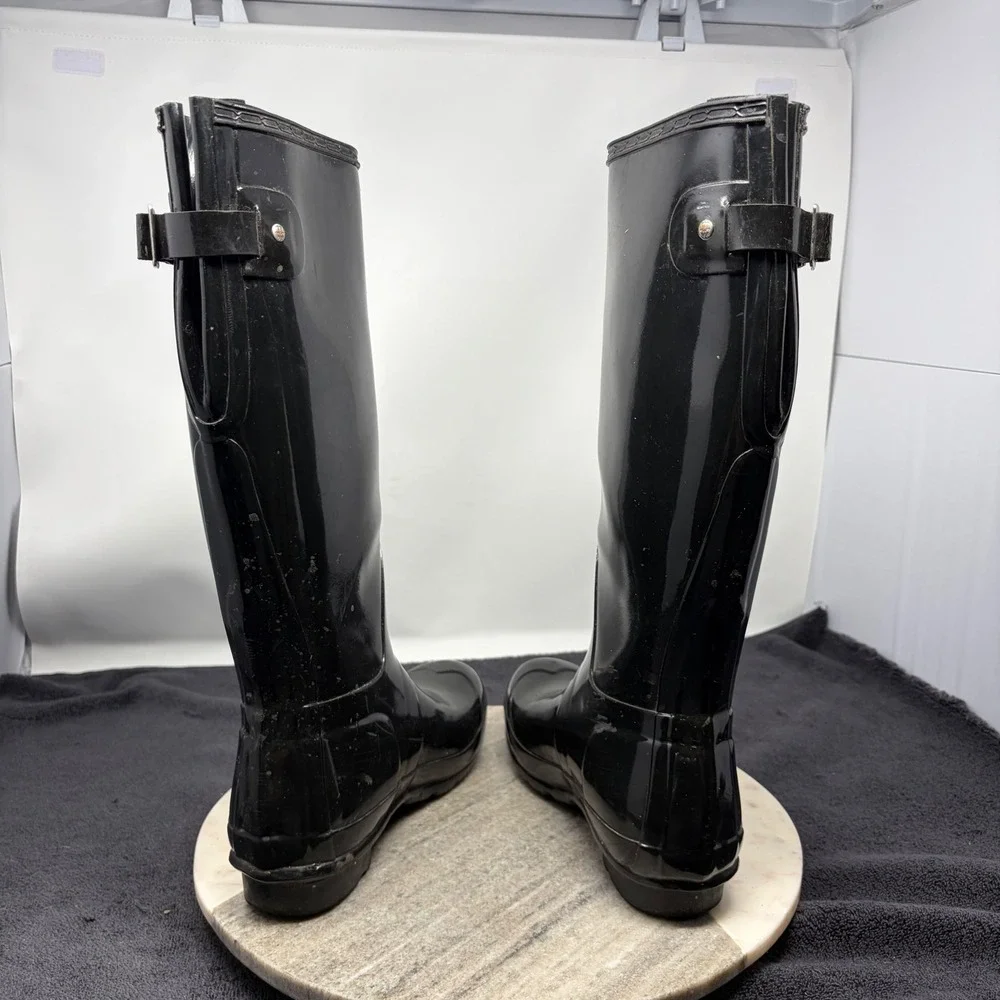 Hunter Original Tall Gloss Rain Boots Black Waterproof Womens US 7 Adjustable